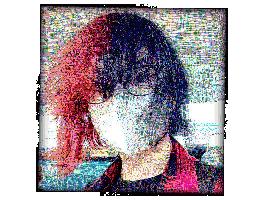 Masked person with red and black hair. Distorted and animated.