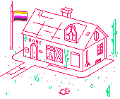 Drawing of the webmaster's virtual house. Nostalgic neon pixel art.