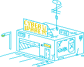 Rundown building with sign saying Cyberware. Neon pixel art.