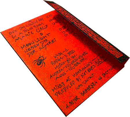 Image: Only the red and black inlet, revealing a handwritten track list, and all of the additional information noted in the article written down.