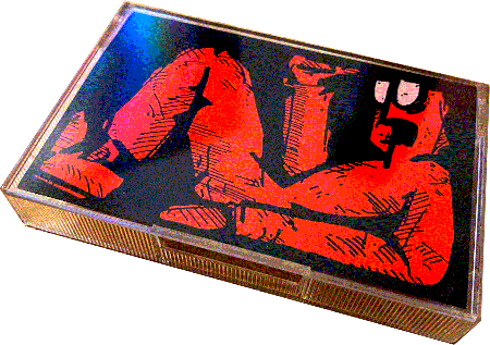 Image: Front cover of the cassette, illustrating a single-color, squareish and somewhat creepy looking simplified cartoon man laying on his back with an open and leaking mouth.