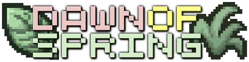 Pixel-art text logo saying Dawn Of Spring, framed by pixel-art leaves