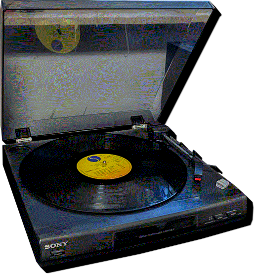 Image: Cutout of a record player with a yellow-labelled record on it.