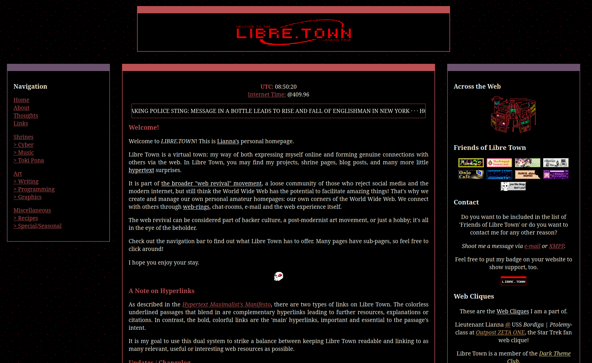 New Libre Town screenshot. It has a high-contrast black and red colour scheme and generally a minimalist pixel art style. It features its now-iconic desktop frame-like layout with two sidebars enclosing the main content.