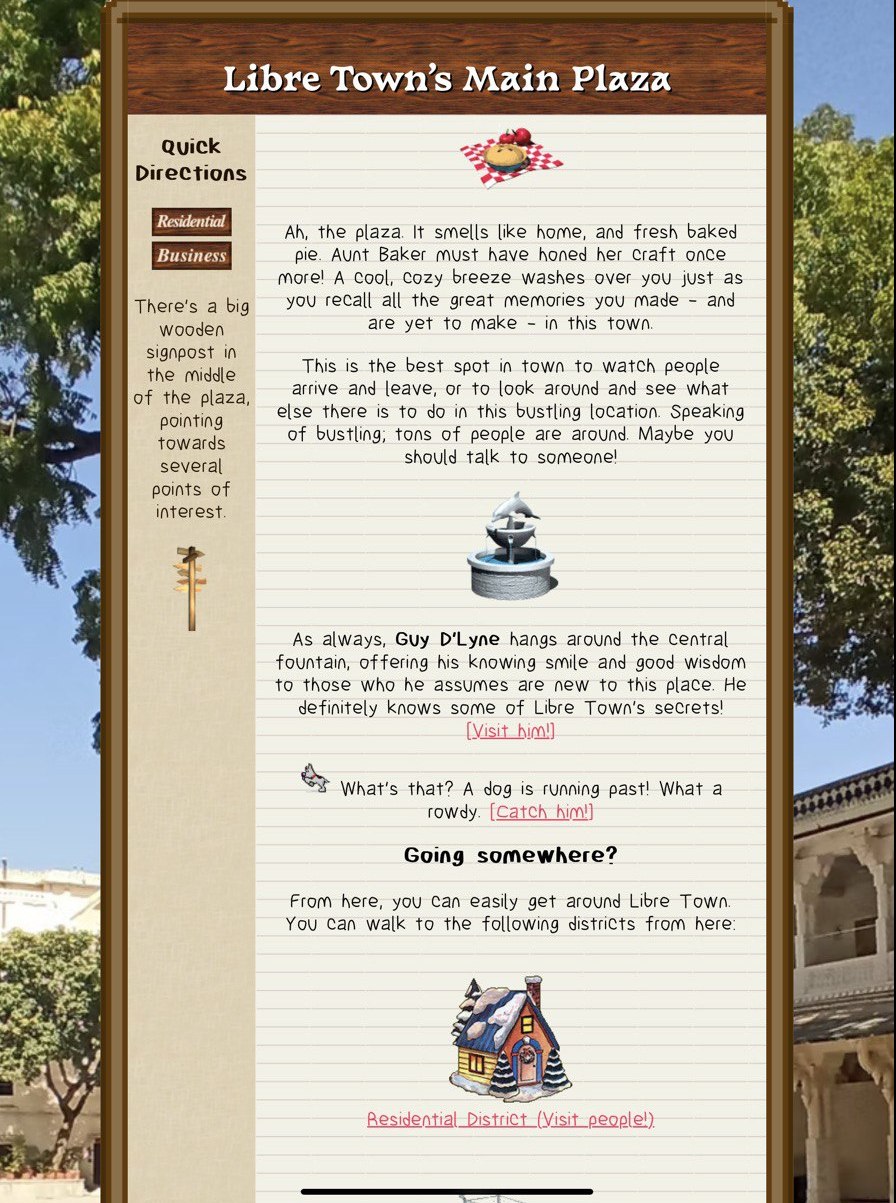 Old Libre Town screenshot. It had a beige, notebook-like main frame with woodgrain elements, and vibrant real-life town photography as its background. The title is Libre Town's Main Plaza. The navigation sidebar is styled after a signpost. Town-like gifs and illustrations, like a fountain or a house, are interspersed throughout the site.
