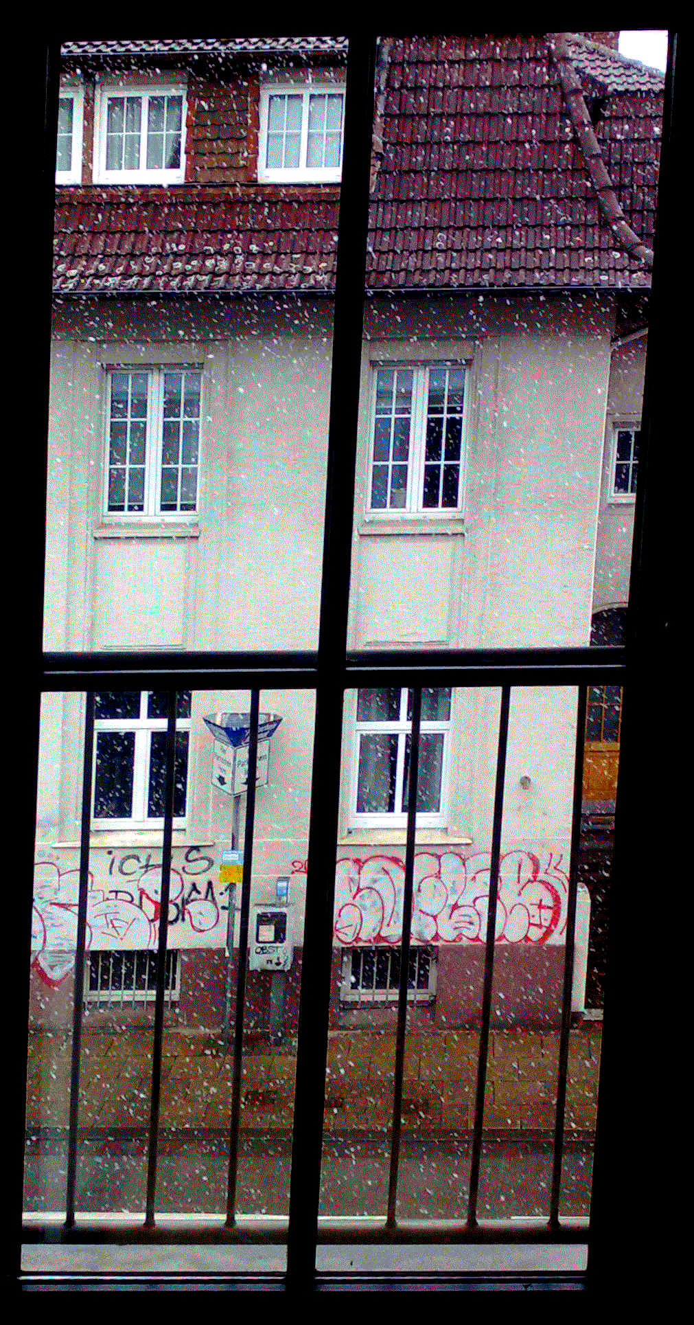 Photograph: Looking out of a window whose frame also frames the image; with metal gating in front of it, looking at a graffitied house while snowflakes grace the air