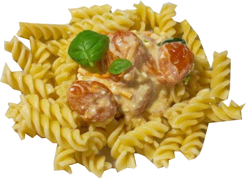 Photograph: Pasta with tomato-cheese melt over it