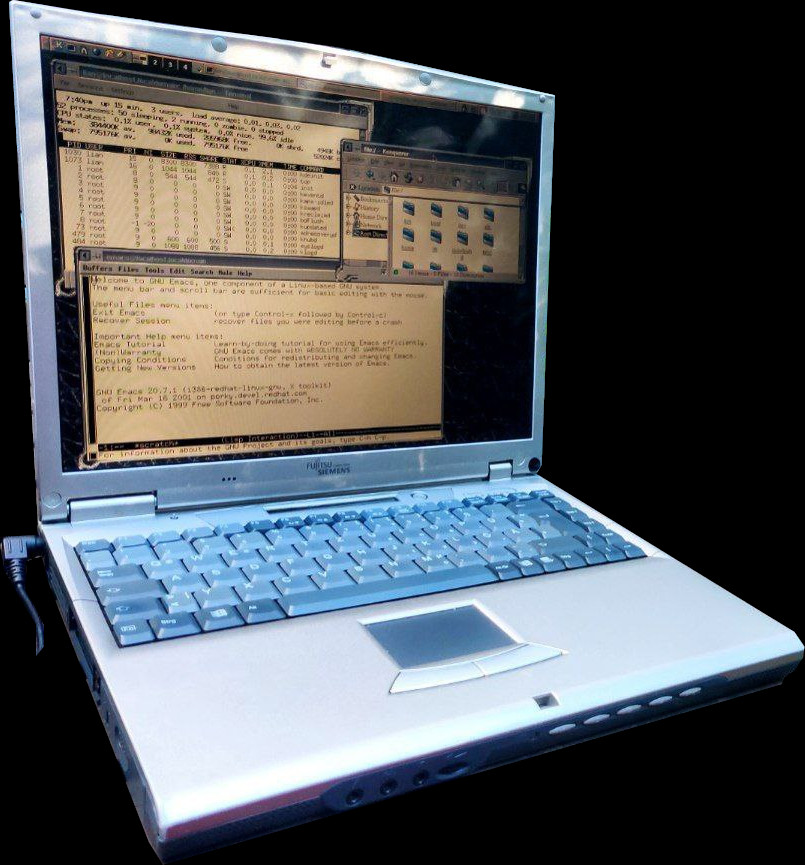 Vintage laptop running an old Gnome version on Red Hat Linux.